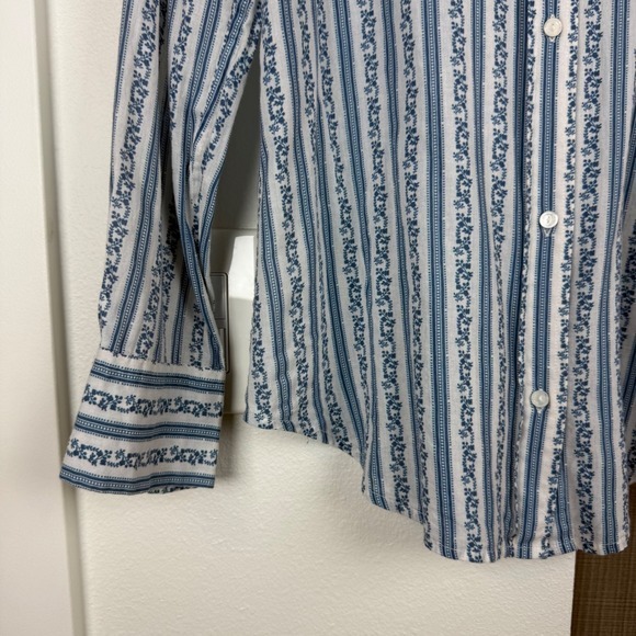 Nili Lotan Blue White Floral Striped Kate Button Down Shirt Blouse Womens Medium